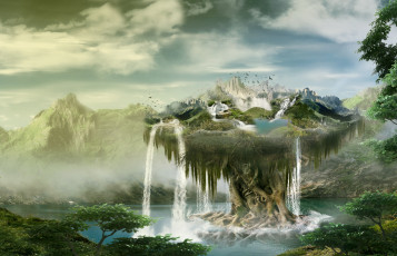 Картинка фэнтези пейзажи природа деревья водопад горы
