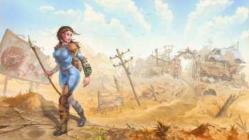 Картинка фэнтези девушки постапокалипсис копье пустыня девушка