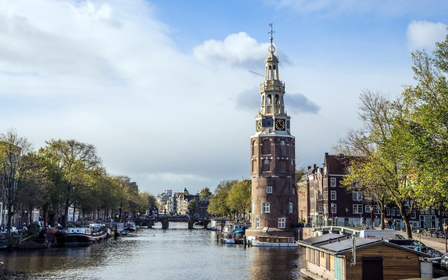 Обои картинки фото города, амстердам , нидерланды, канал, лодки, башня