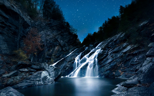 Обои картинки фото природа, водопады, звезды, водопад, ночь