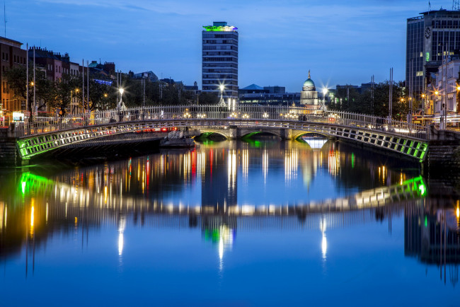 Обои картинки фото города, дублин , ирландия, мост, огни, вечер, река