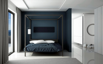 Картинка интерьер спальня кровать подушки лампа