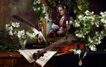 обоя музыка, -музыкальные инструменты, портрет, перо, ноты, скрипка, жасмин
