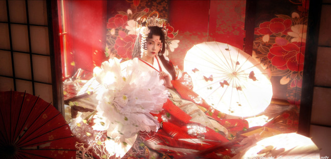Обои картинки фото рисованное, люди, девушка, азиатка, цветы, зонт, кимоно