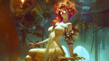 Картинка фэнтези девушки город поза фантастика технологии рыжая science fiction красивая женщина ai art искусство ии статная фигура