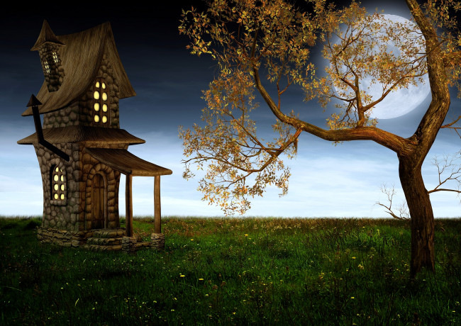 Обои картинки фото 3д, графика, fantasy, фантазия, луна, дерево, дом
