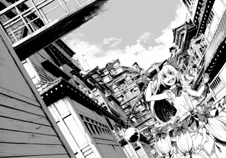 Картинка аниме -weapon +blood+&+technology бутылка улица девушка монохромное арт