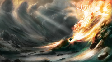 Картинка фэнтези драконы зверек скалы тучи дракон огненный