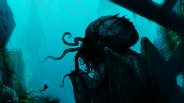 Картинка фэнтези существа чудовище аквалангист ктулху глубина океан