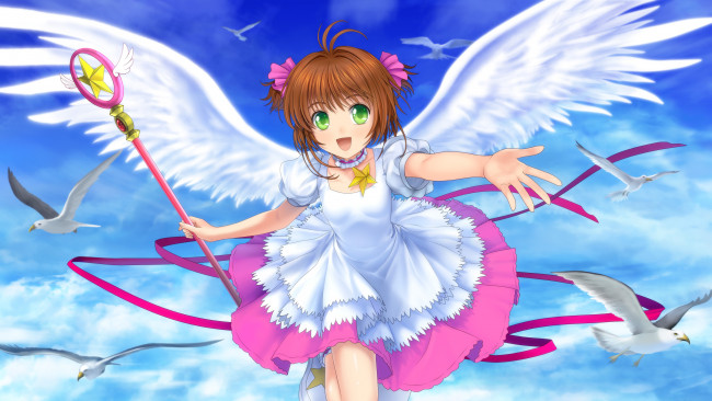 Обои картинки фото аниме, card captor sakura, улыбка, посох, звезда, ангел, крылья, платье, птицы, небо, девочка