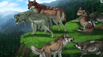 обоя рисованное, животные,  волки, лес, горы, волки
