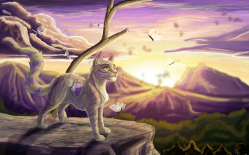Картинка рисованное животные +коты закат горы кот