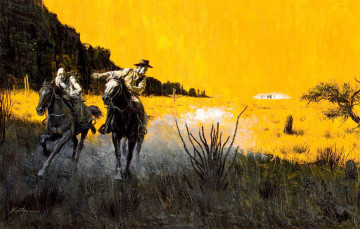 Картинка рисованное живопись лошади ковбои прерия дикий запад погоня
