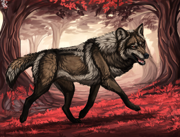 Обои картинки фото рисованное, животные,  волки, фон, лес, волк