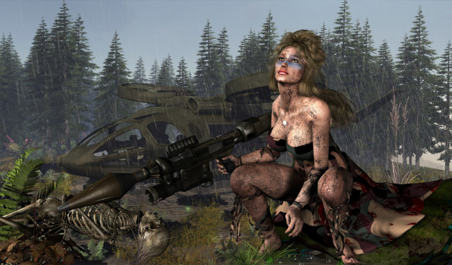 Обои картинки фото 3д графика, фантазия , fantasy, фон, взгляд, девушка, оружие, скелет