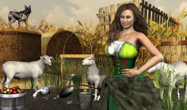 Обои картинки фото 3д графика, люди , people, сено, овечки, гуси, яблоки, собака, фон, взгляд, девушка