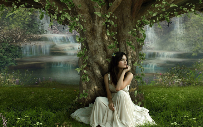 Обои картинки фото фэнтези, девушки, девушка, природа, платье, дерево, трава, озеро, водопады