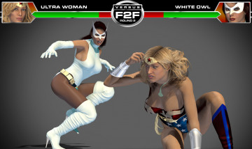 обоя round 3,  ultra woman vs white owl, 3д графика, фантазия , fantasy, фон, взгляд, девушки, супермены, драка