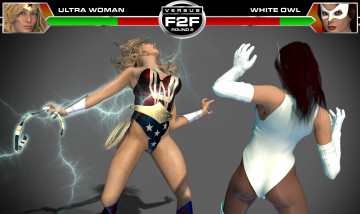 обоя round 3,  ultra woman vs white owl, 3д графика, фантазия , fantasy, супермены, девушки, взгляд, драка, фон