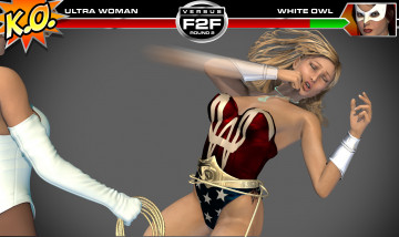 Картинка round+3 +ultra+woman+vs+white+owl 3д+графика фантазия+ fantasy взгляд драка девушки фон супермены