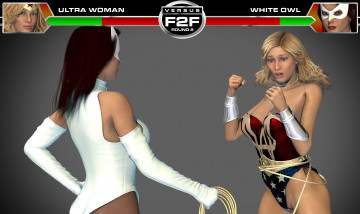 обоя round 3,  ultra woman vs white owl, 3д графика, фантазия , fantasy, взгляд, фон, супермены, девушки, драка