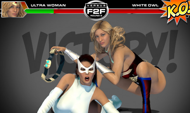 Обои картинки фото round 3,  ultra woman vs white owl, 3д графика, фантазия , fantasy, девушки, взгляд, драка, супермены, фон