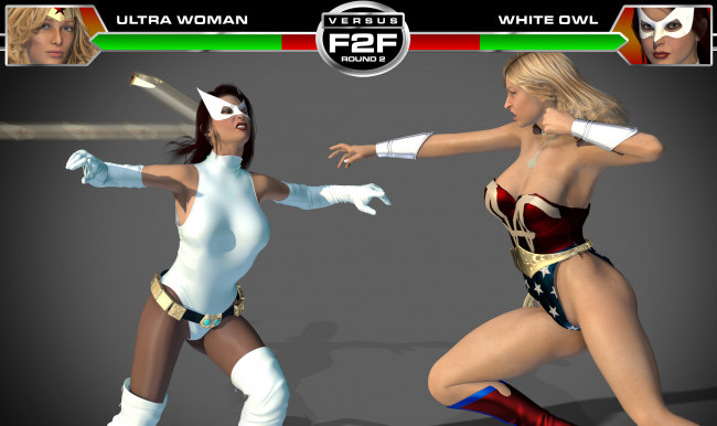 Обои картинки фото round 3,  ultra woman vs white owl, 3д графика, фантазия , fantasy, драка, супермены, фон, взгляд, девушки