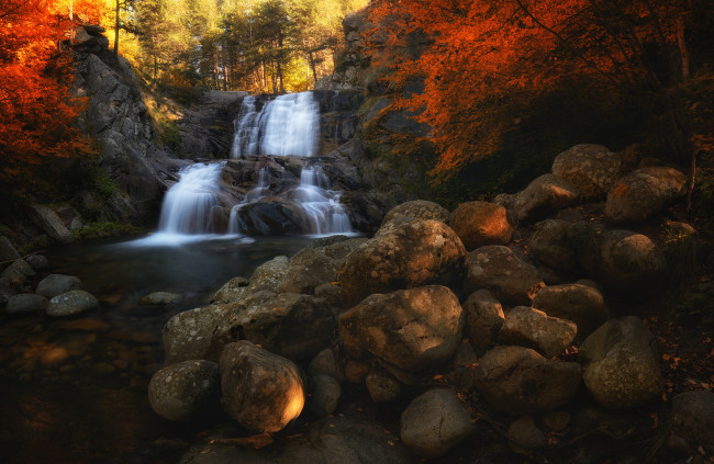 Обои картинки фото природа, водопады, камни, деревья, листья, водопад
