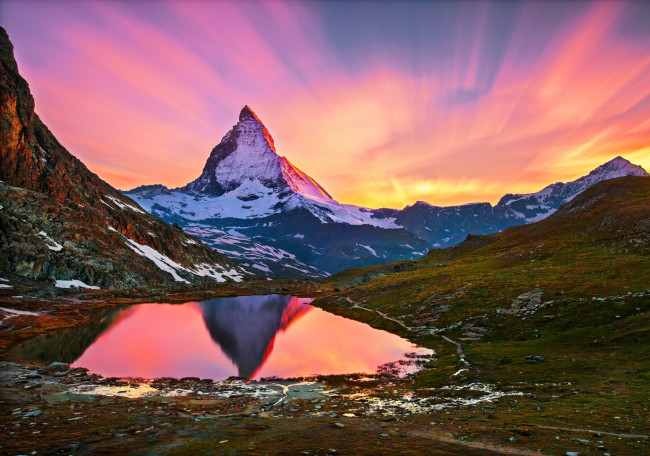 Обои картинки фото природа, горы, гора, озеро, рассвет, пейзаж, снег