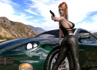 Картинка 3д+графика люди-авто мото+ people-+car+ +moto оружие фон девушка взгляд
