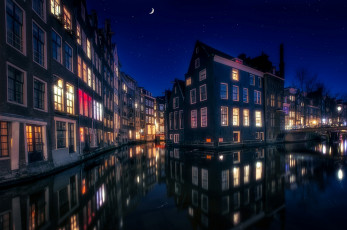 Картинка амстердам города амстердам+ нидерланды вода луна дома ночь