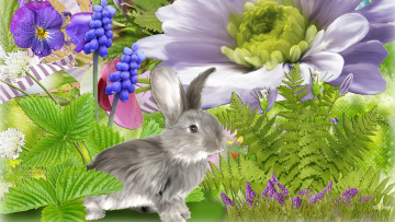 обоя векторная графика, животные , animals, цветы, кролик