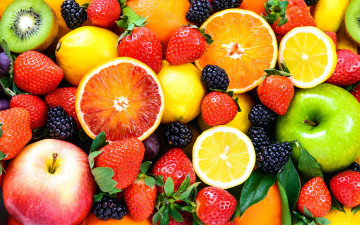 Картинка еда фрукты +ягоды яблоко апельсин киви клубника ежевика