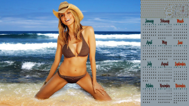 Обои картинки фото календари, девушки, водоем, взгляд, шляпа