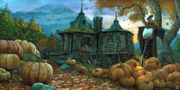 Картинка рисованное кино +мультфильмы хижина пугало тыквы собака осень