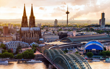 Картинка города кельн+ германия панорама собор мост река