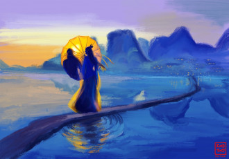 Картинка аниме mo+dao+zu+shi лань ванцзи зонт озеро тропа