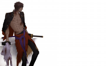 Картинка аниме touken+ranbu парень китель кровь торс меч платок