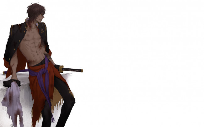 Обои картинки фото аниме, touken ranbu, парень, китель, кровь, торс, меч, платок