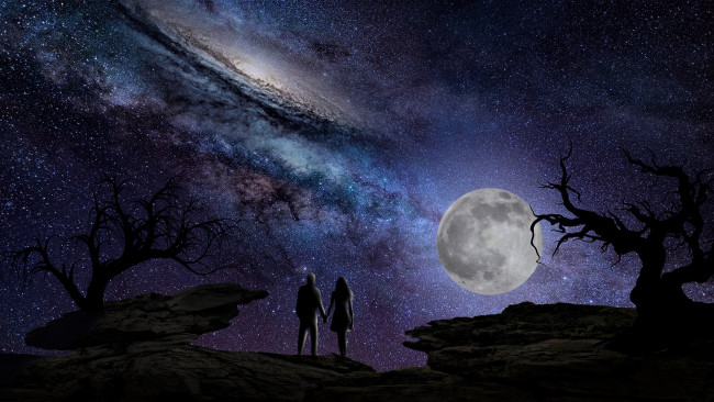 Обои картинки фото 3д графика, романтика , romantics, пара, космос, ночь, луна, скалы, деревья