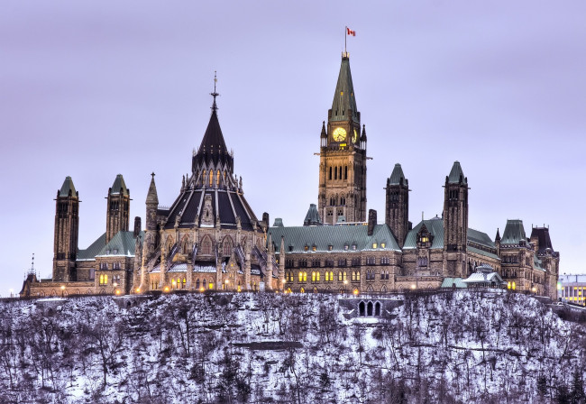 Обои картинки фото парламент, канады, оттава, города, канада, часы, башня, флаг, шпиль