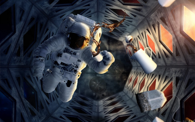 Обои картинки фото космос, астронавты, космонавты, кофейник, скафандр, астронавт, станция, невесомость
