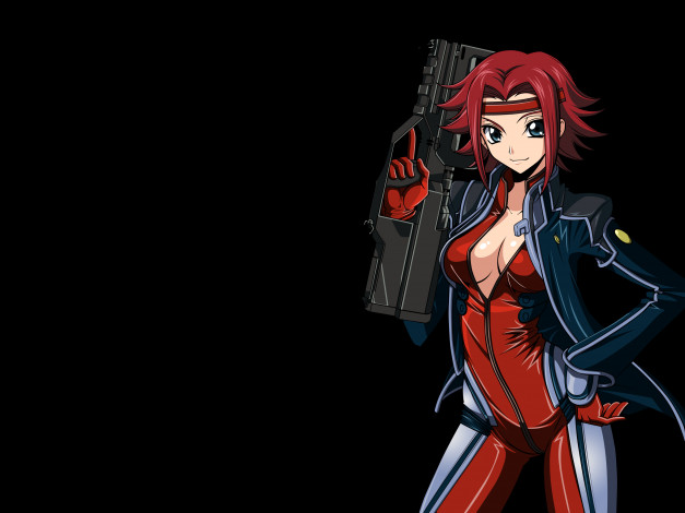 Обои картинки фото аниме, code geass, чёрный, фон, девушка, оружие, красные, волосы, код, гиас