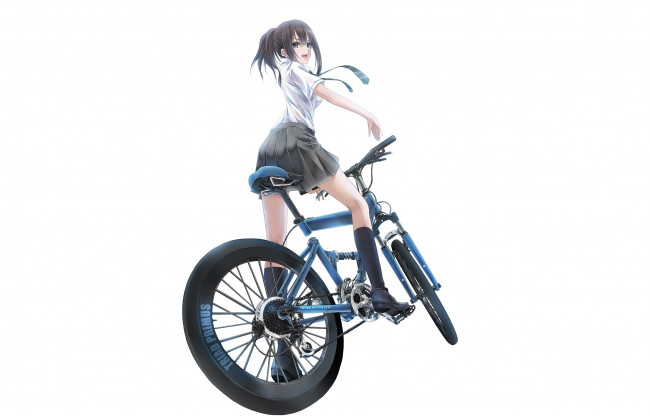 Обои картинки фото аниме, idolm@ster, простой, фон, велосипед, форма, idolmaster, взгляд, девушка, futami, kito, art, shibuya, rin