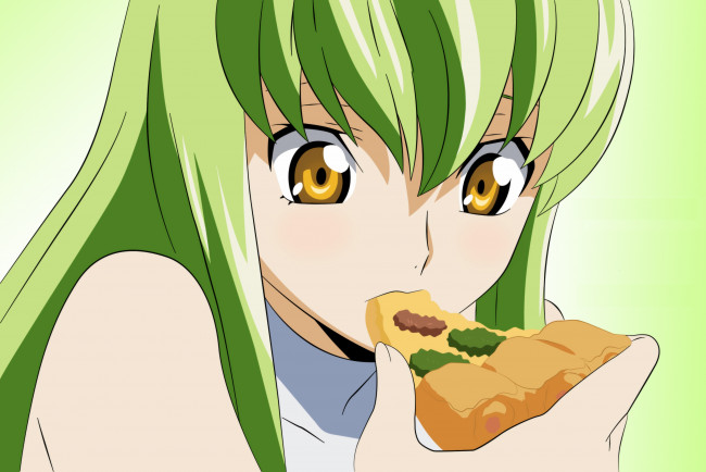 Обои картинки фото аниме, code geass, девушка, пицца, код, гиасс, зелёные, волосы