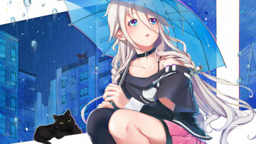 Картинка аниме vocaloid ночь дождь megumoke зонт коты город капли ia арт девушка