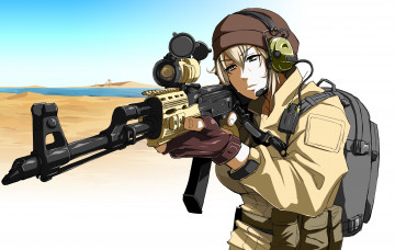 Картинка аниме оружие +техника +технологии headset single military absurdres девушка арт enoshimaiki artist ствол art