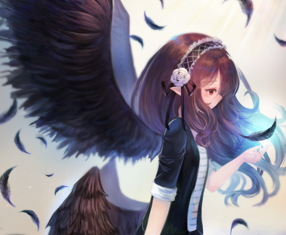 Обои картинки фото аниме, ангелы,  демоны, ангел, магия, перья, крылья, девушка, zonekiller10, арт