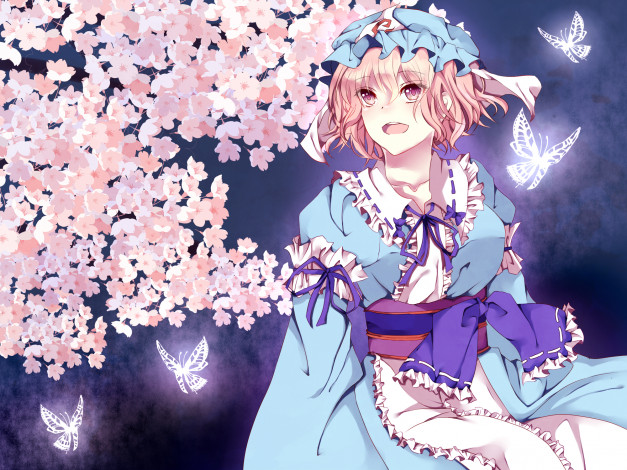 Обои картинки фото аниме, touhou, весна, девушка, бабочки, цветение, цветы, арт, rinarisa, saigyouji, yuyuko