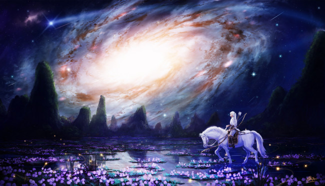 Обои картинки фото аниме, животные,  существа, лошадь, горы, космос, всадник, небо, ночь, цветы, вода, арт, makkou4